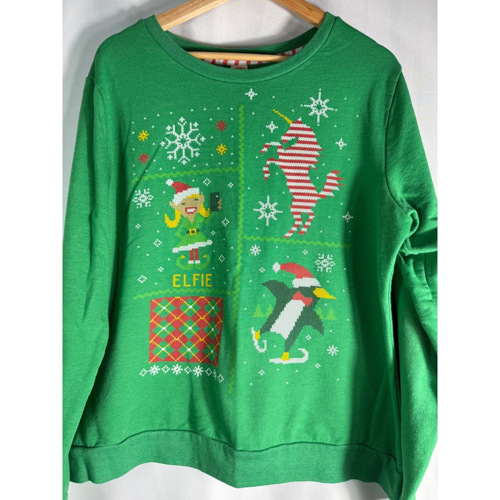 Holiday Time Women's Green Elfie Penguin Unicorn Christmas‎ Sweatshirt XL